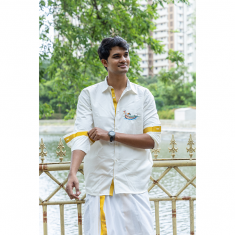 Super Soft Giza Cotton Colorful Boat Full Sleeve With Zari Off White Shirt