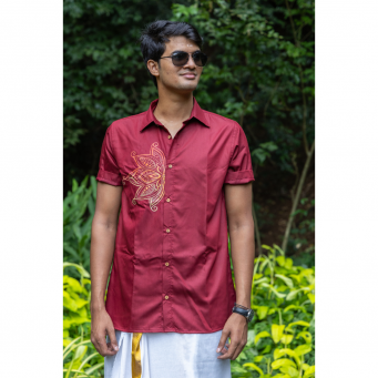 Super Soft Giza Cotton Side Floral Print Half Sleeve Maroon Shirt