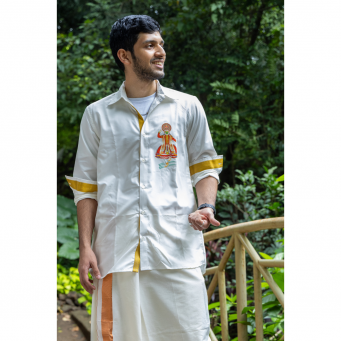 Super Soft Giza Cotton Red Kathakali Full Sleeve With Zari Off White Shirt