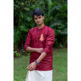 Super Soft Giza Cotton Red Kathakali Loop Sleeve Short Maroon Kurta