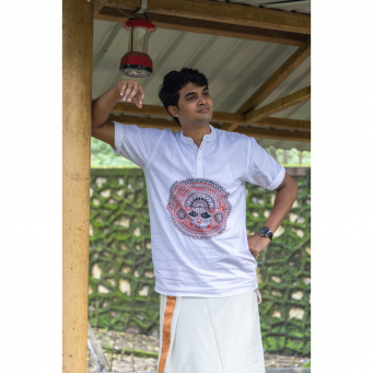 Soft Cotton Linen Blend Centre Face Theyyam Half Sleeve Short Kurta