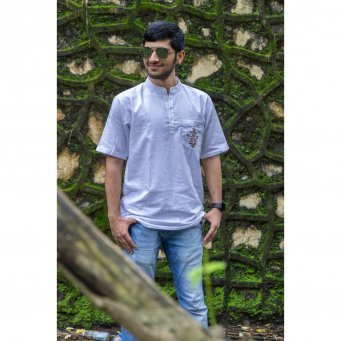 Soft Cotton Linen Blend Embroidered Floral Brown Motif Half Sleeve Short Kurta