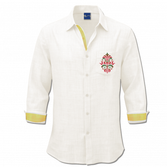 Super Soft Giza Cotton Embroidered Floral Red Motif Full Sleeve With Zari Off White Shirt