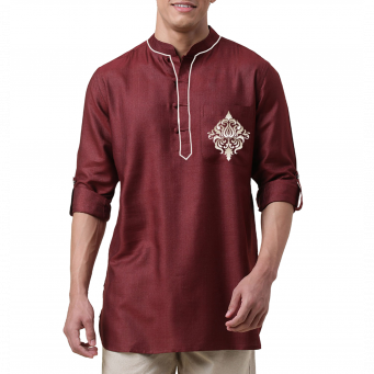 Super Soft Giza Cotton Embroidered Floral Logo Loop Sleeve Short Maroon Kurta