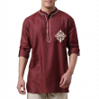 Super Soft Giza Cotton Embroidered Floral Logo Loop Sleeve Short Maroon Kurta