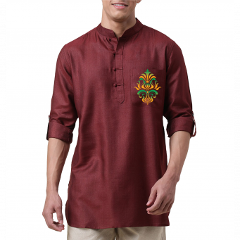 Super Soft Giza Cotton Floral Back Theyyam Loop Sleeve Short Maroon Kurta