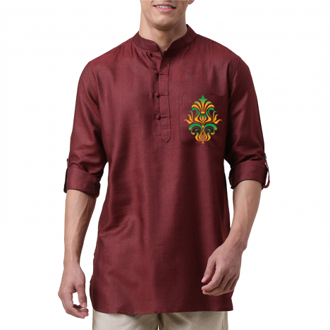 Super Soft Giza Cotton Floral Back Theyyam Loop Sleeve Short Maroon Kurta