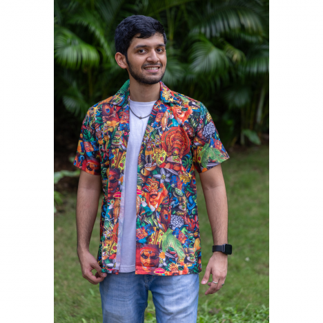 Kerala Kuthampally Cotton Multifaceted Dark Kerala Art Notch Collar Half Sleeve Shirt