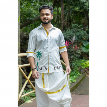 Super Soft Giza Cotton Kerala Kalaripayattu Full Sleeve With Zari Off White Shirt