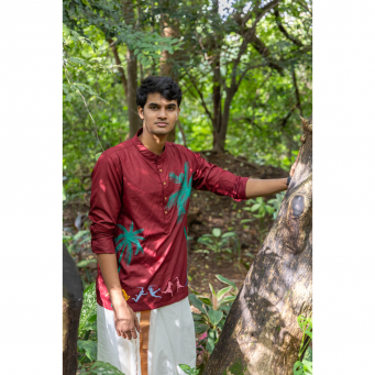 Super Soft Giza Cotton Kerala Kalaripayattu Loop Sleeve Short Maroon Kurta