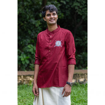 Super Soft Giza Cotton Kalaripayattu Logo Loop Sleeve Short Maroon Kurta