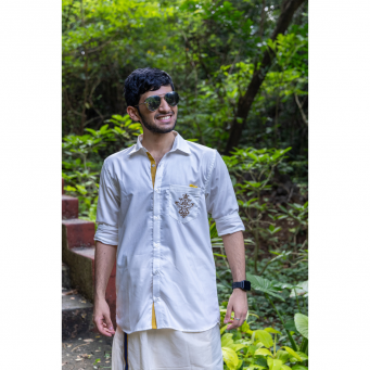 Super Soft Giza Cotton Embroidered Floral Brown Motif Full Sleeve With Zari Off White Shirt