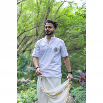Soft Cotton Linen Blend Embroidered Floral Red Motif Half Sleeve Short Kurta