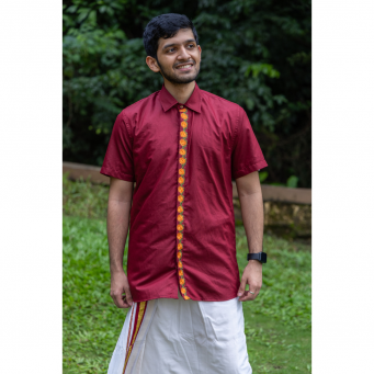 Super Soft Giza Cotton Embroidered Multi Floral Placket Half Sleeve Maroon Shirt